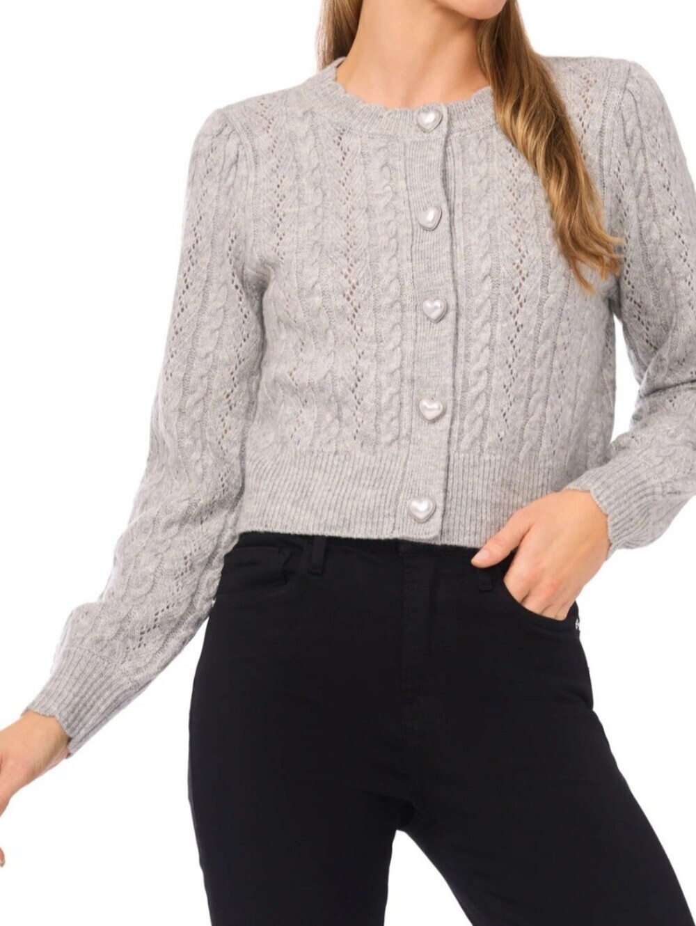 NWT CeCe Grey Pointell Heart Button Crewneck Cardigan Sweater size Large